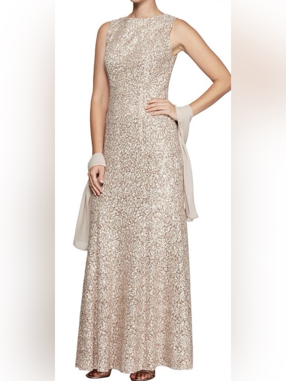 Alex Evenings Sleeveless Sequin Evening Gown in Champagne — 14